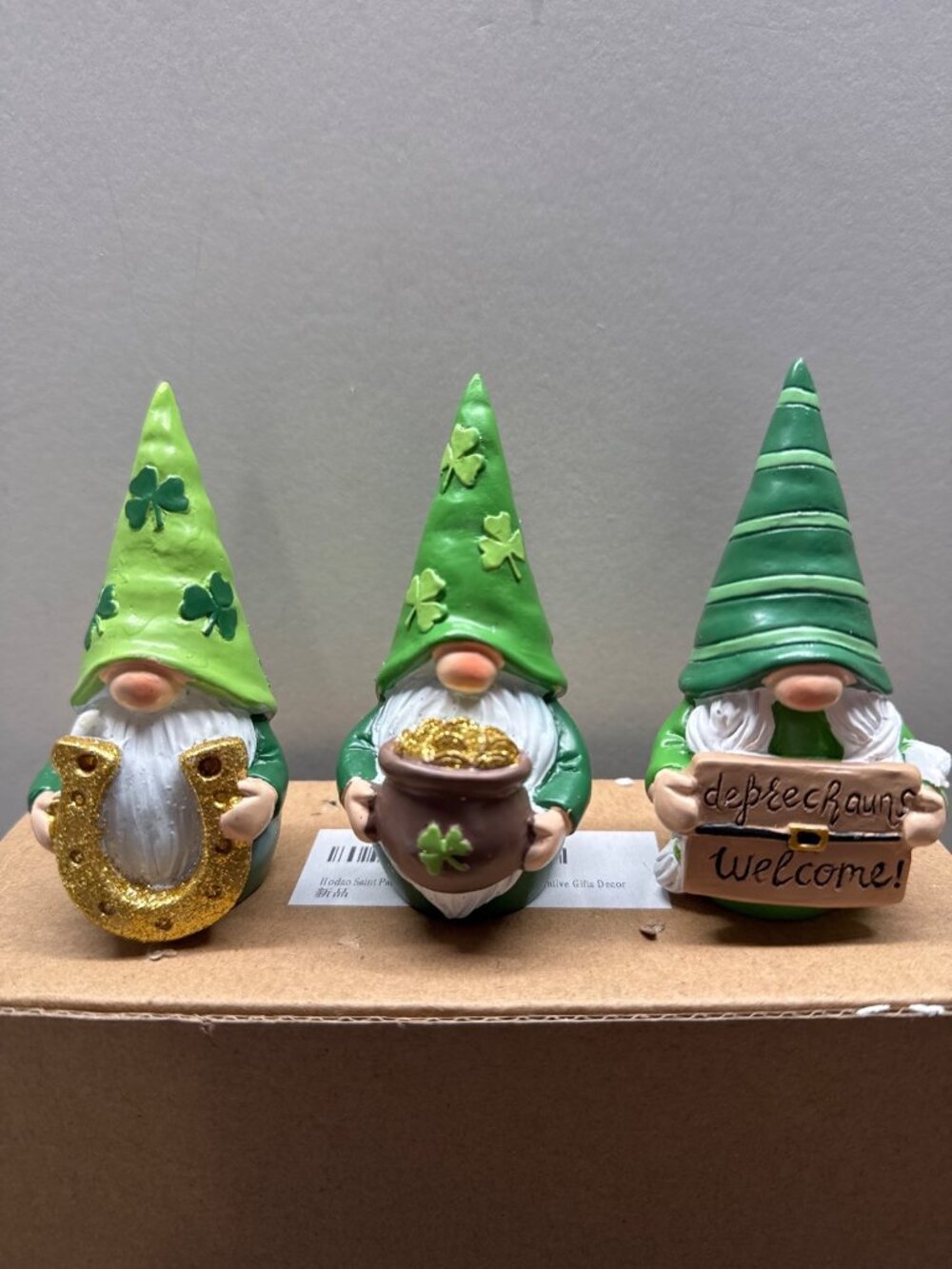 St. Patricks Day Gnome Figurines Set Of 3 - Leprechaun Theme Decor With Shamrock